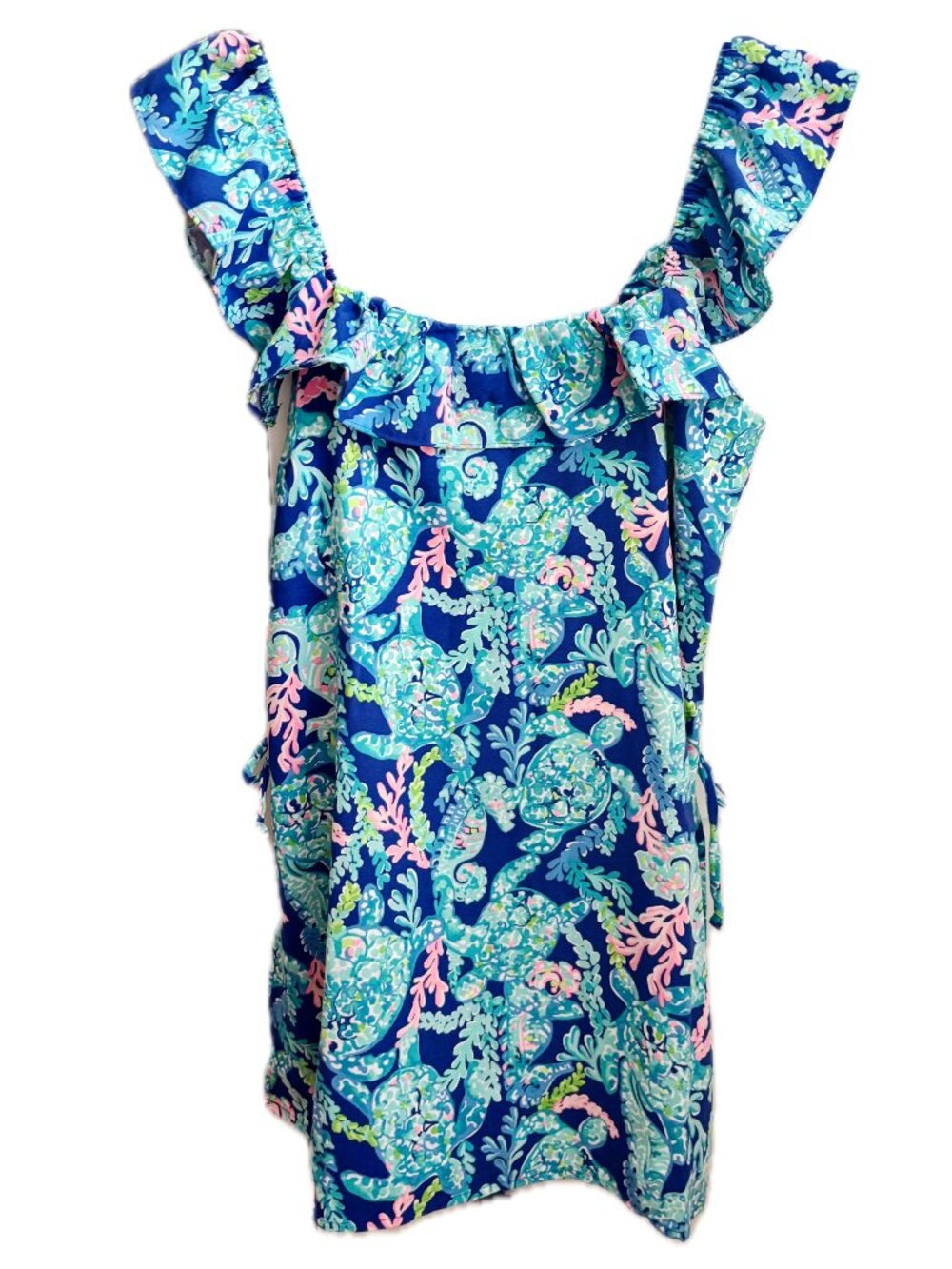 Lilly Pulitzer Corsica Blue Turtle Villa Zoya Ruffle Romper Women's Sz 12  NEW